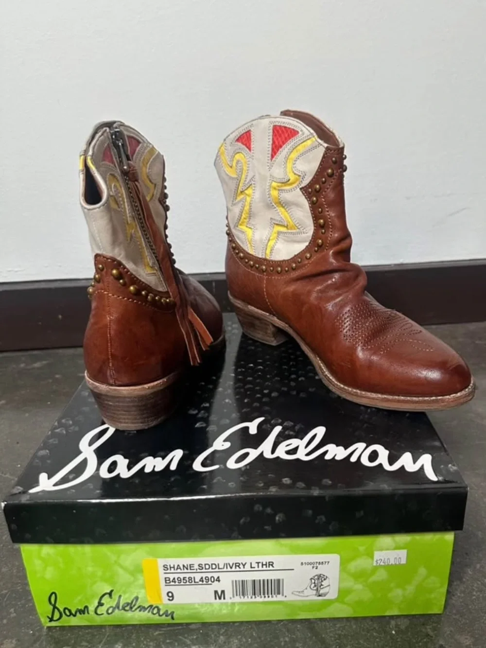 Sam Edelman Men’s Brown Leather Western Boots with Ivory & Yellow Accents
